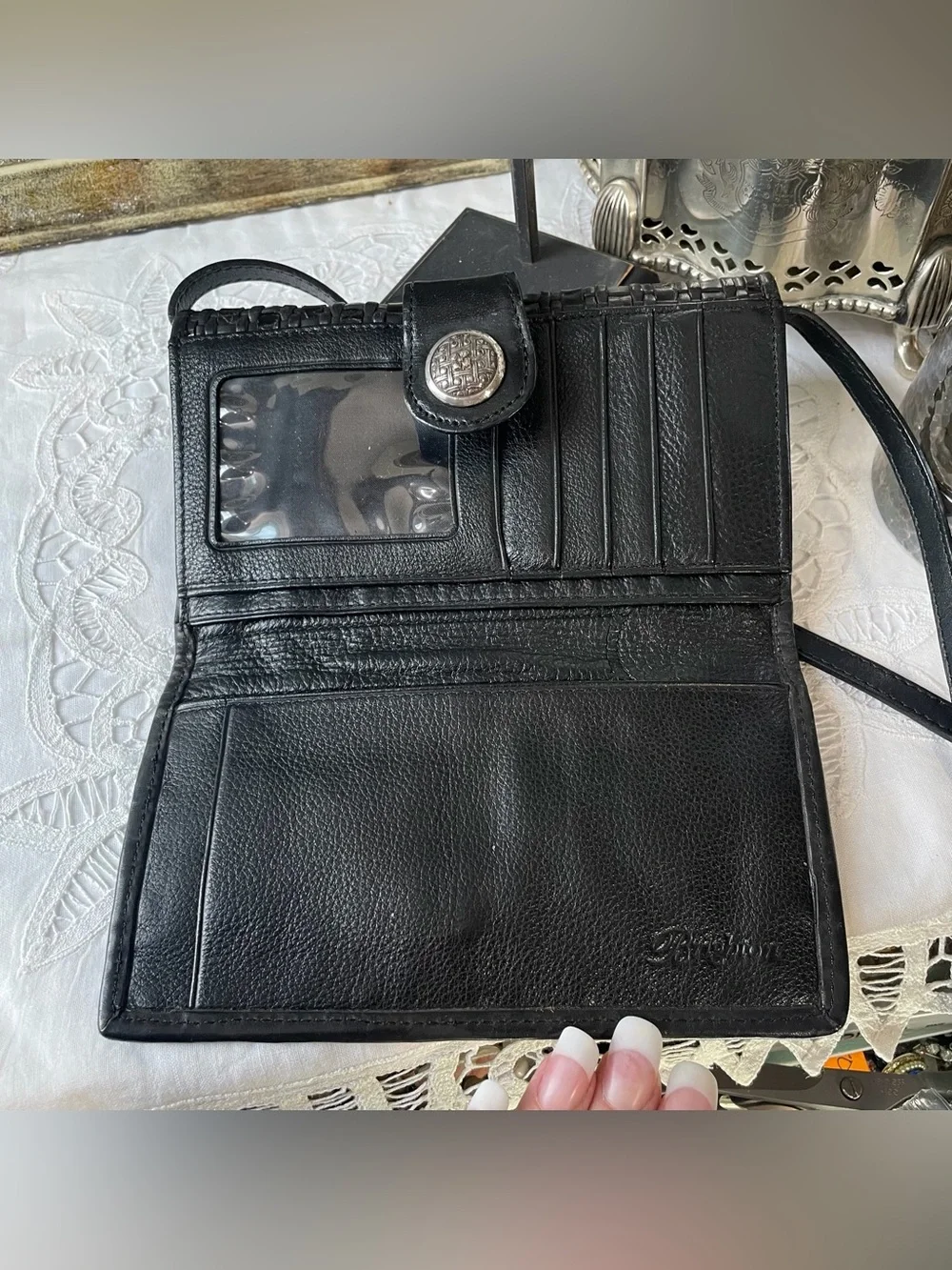 Brighton black leather woven crossbody wallet